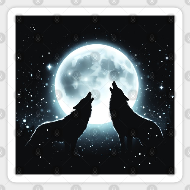 Wolves Howling at the Moon – Mystical Night Wildlife Artwork Sticker by MakerMind8.2